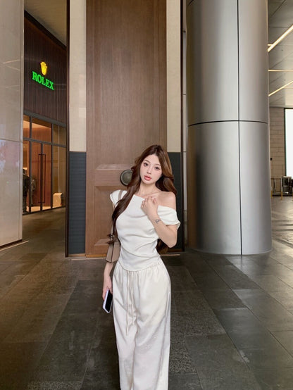 NA+ 玉雕石花 氣質緞面上衣 印花休閒褲