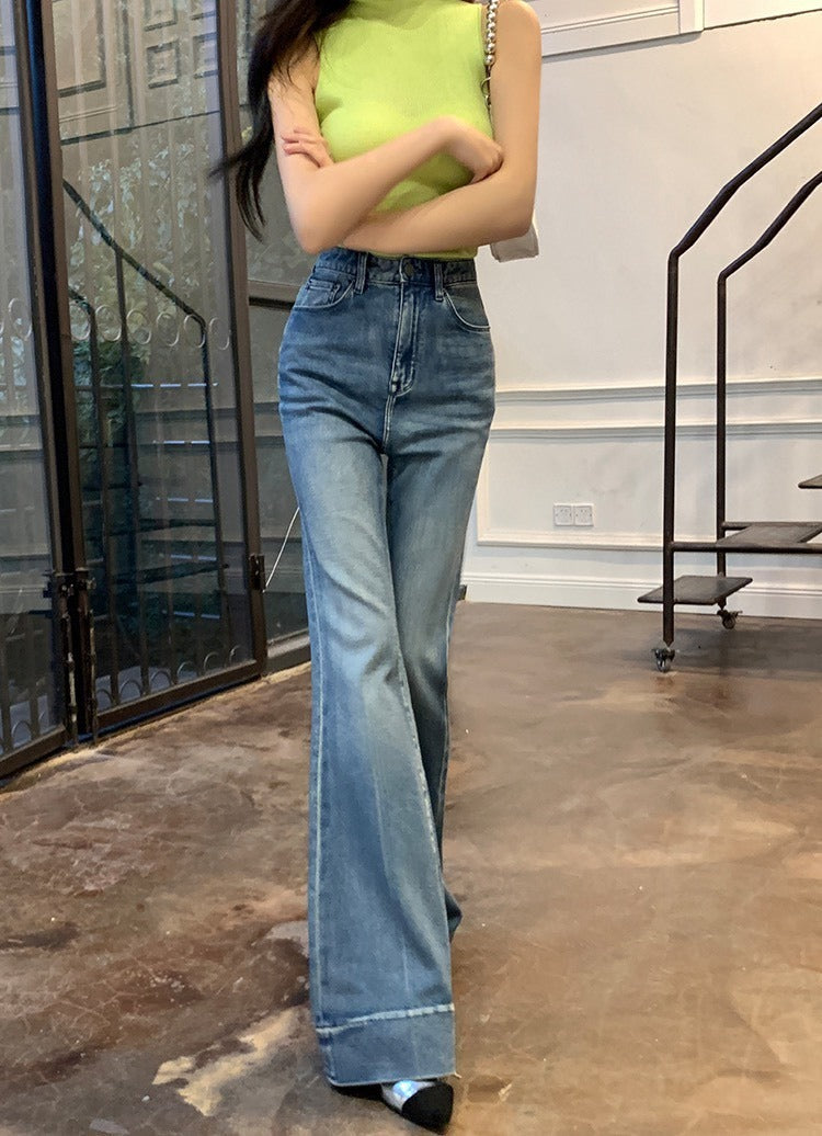 NA+ 超美腿模高腰水洗顯瘦拖地喇叭褲