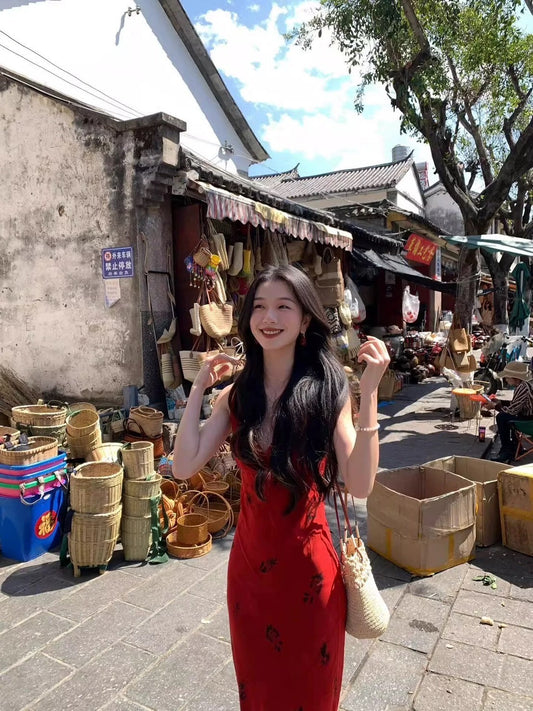 NA+ 紅酒微醺 復古薔薇花V領連身裙