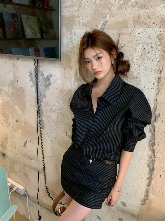 NA+ 御姐首選 復古條紋收腰襯衫包臀裙