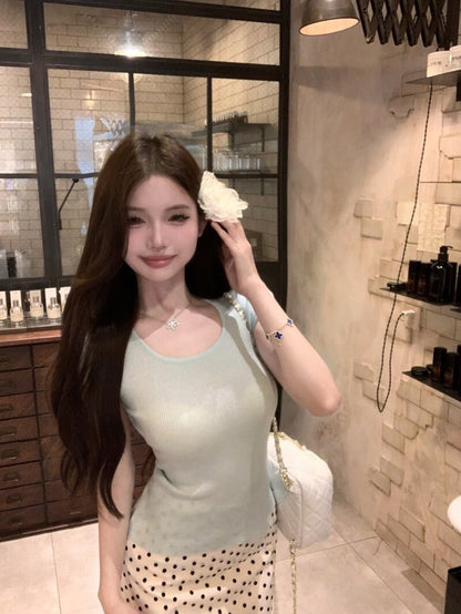 NA+ 清新檸檬 氣質閨女針織上衣/波點半身裙