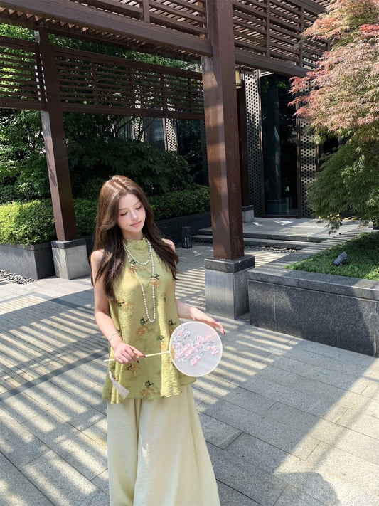 NA+ 飛花落葉 新中式提花背心/高腰闊腿褲