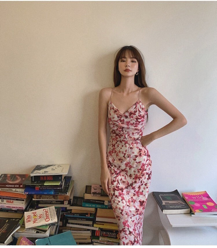 NA+ 碎花白蘭地 甜美春漾開叉洋裝 粉