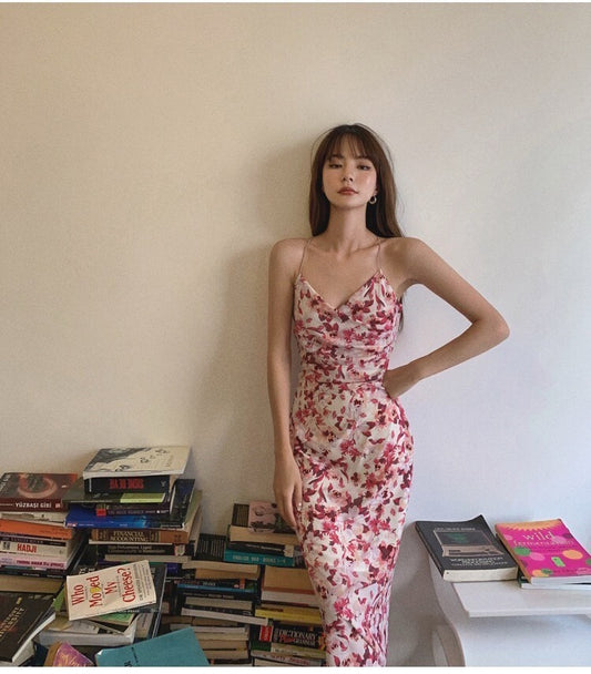 NA+ 碎花白蘭地 甜美春漾開叉洋裝 粉