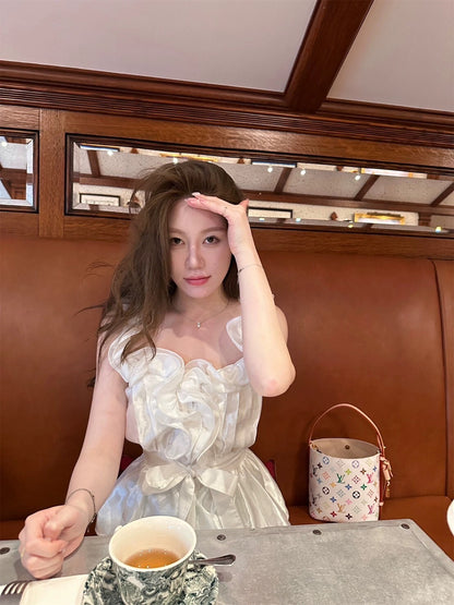 NA+ 娃娃vibe 重工魚線木耳邊繫帶上衣 白/黑