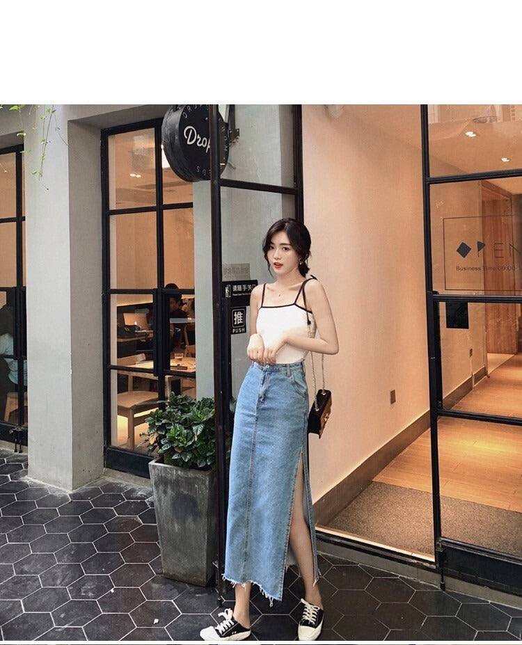 NA+ 簡約好看 修身側開衩牛仔半身裙