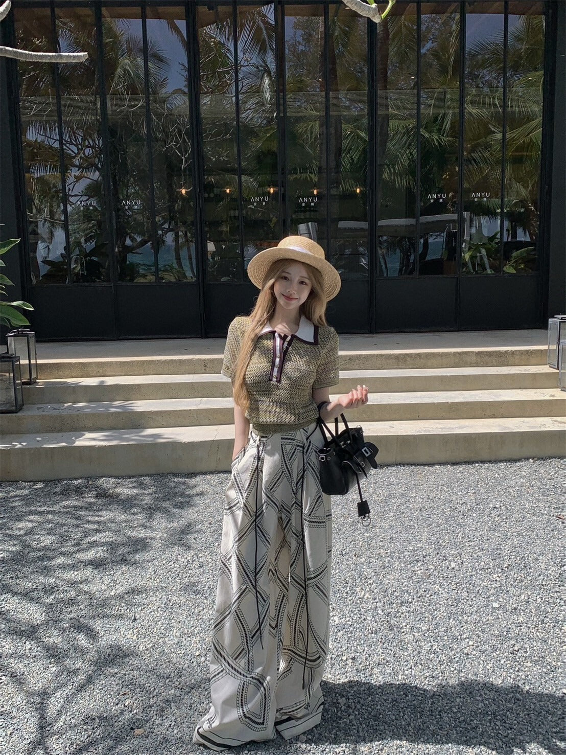 NA+ 老錢私服 貴族感polo領針織上衣/印花休閒褲