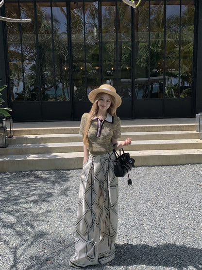 NA+ 老錢私服 貴族感polo領針織上衣/印花休閒褲