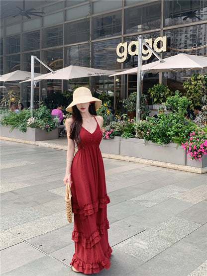 Na+復古度假V領收腰垂墜顯瘦洋裝 酒紅