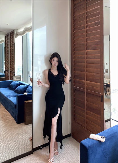 Na+ 復古貓女性感蕾絲開叉連身裙 黑