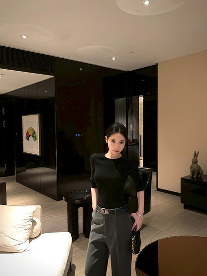 ''Na+''低調氛圍 5分袖修身針織上衣 灰/黑 中腰休閒褲