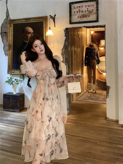 Na+ 甜美法式方領顯瘦碎花連衣裙 杏 兩款長度