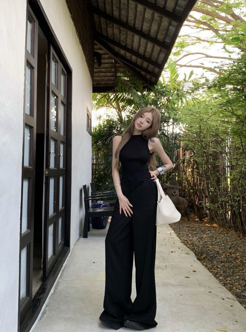 Na+ 不規則設計感針織背心 高腰通勤老錢休閒褲 黑