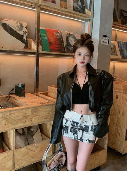 NA+ 皮衣辣妹 重磅短款復古皮外套 咖/黑