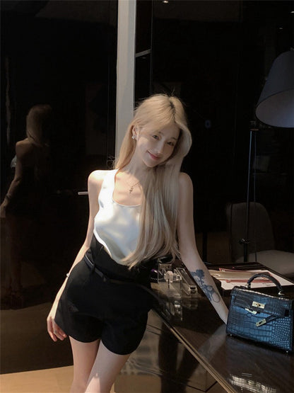 NA+ 復古時髦U領背心2色/極高腰花苞褲