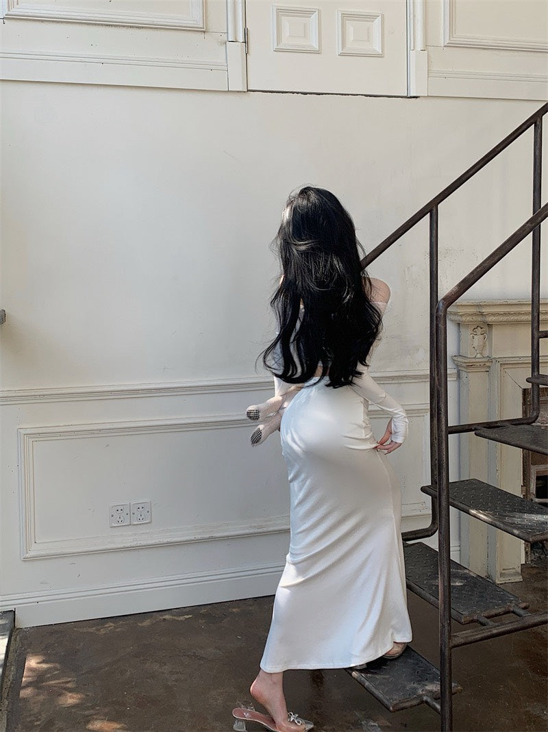 NA+ 鎏光漫步裙/透紗一字領修身上衣  白