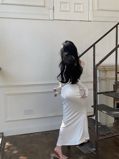 NA+ 鎏光漫步裙/透紗一字領修身上衣  白