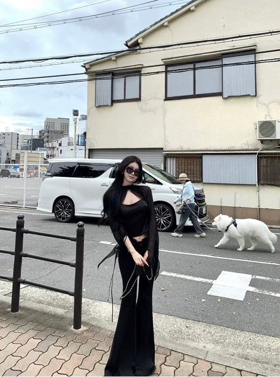 NA+ 神秘嘉柏麗斗篷透視披肩緞面背心套裝