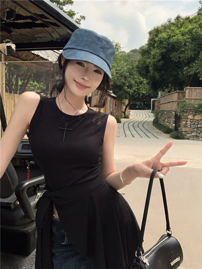 Na+ 氣質名媛簡約圓領純色收腰無袖上衣 粉/黃/黑