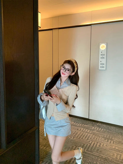 NA+ 氣質學院假兩件式條紋針織襯衫 條紋半身褲裙