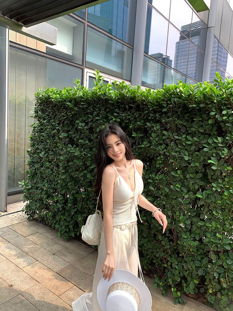 NA+ 華夫格鬆餅帶胸墊度假休閒背心 白 亞麻涼爽呼吸休閒褲