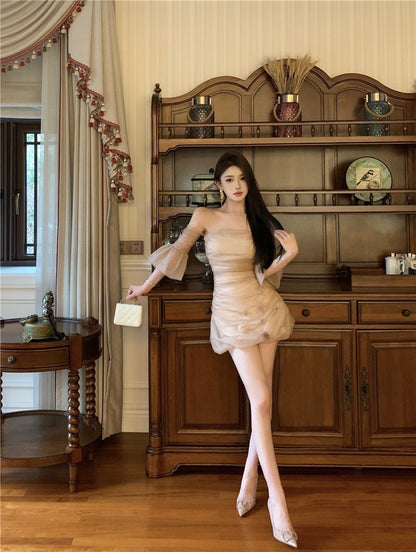 Na+ 刺茶玫瑰性感網紗手工花抹胸裙