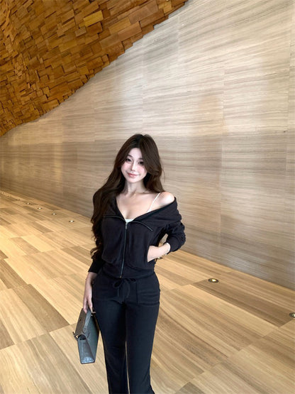 NA+ 休閒穿 毛巾料連帽修身外套/抽繩喇叭褲 米白/深灰