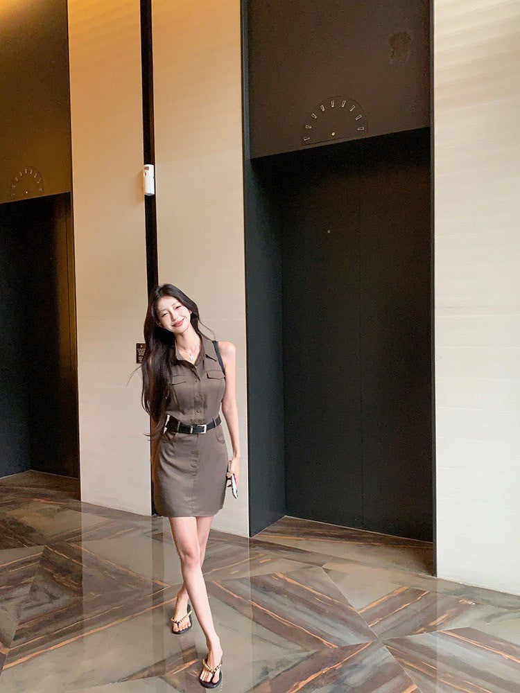 ''Na+''復古回潮 日常通勤polo領排扣連身裙 咖綠