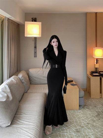 NA+ 性感掐腰西裝式V領收腰魚尾連身裙 紫/黑