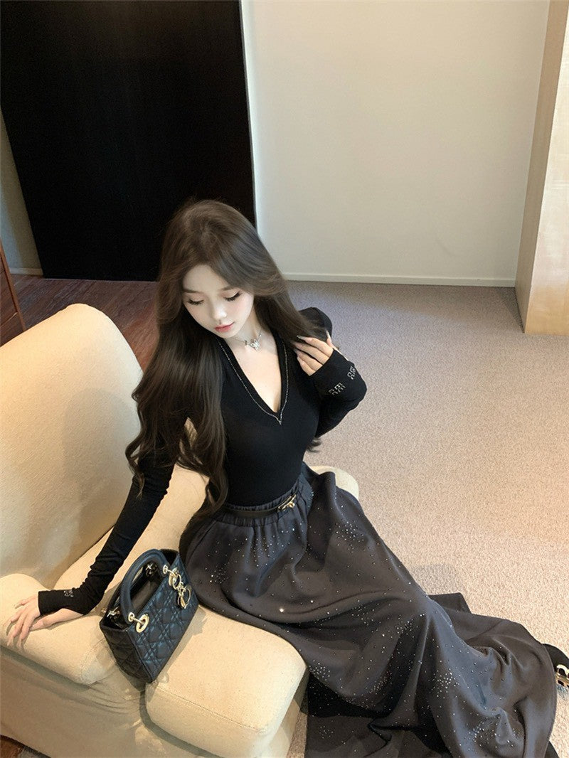 NA+ 輕奢復古修身上衣 燙鑽大裙擺半身裙 黑