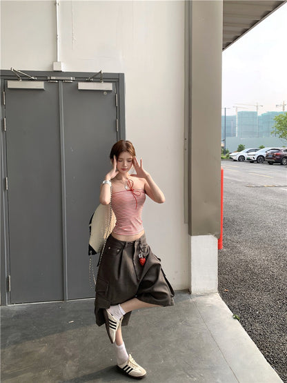 NA+ 美式口袋工裝5分褲/條紋抹胸