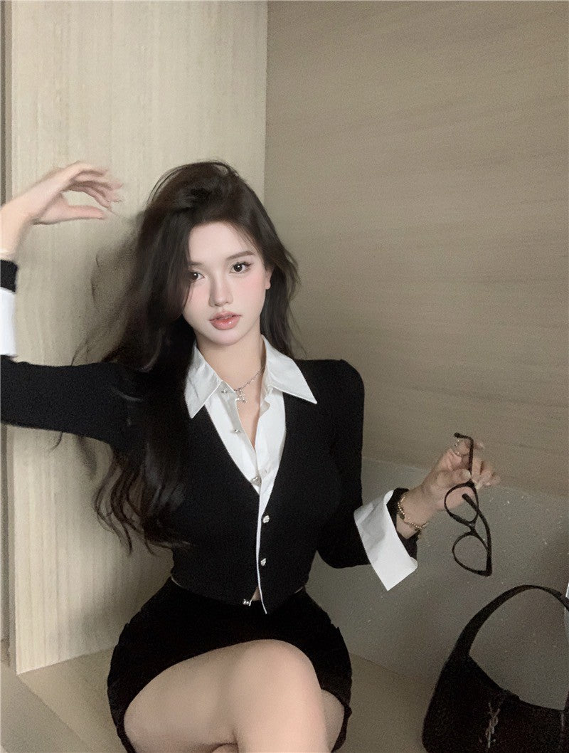 Na+ 韓女秘書 假兩件撞色襯衫短款上衣 黑