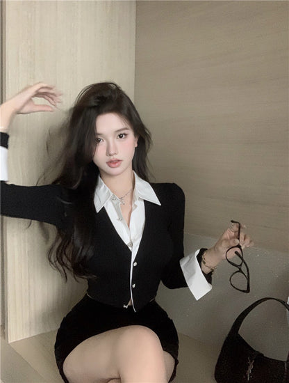 Na+ 韓女秘書 假兩件撞色襯衫短款上衣 黑