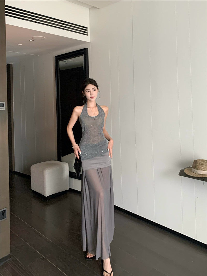 Na+ 歐美閃亮銀編美背背心 拼接透視半身裙 灰