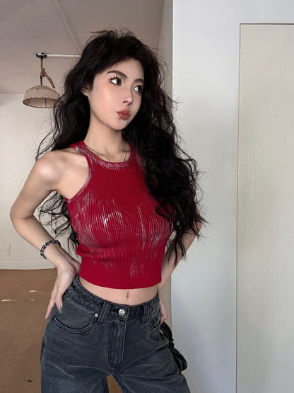 NA+ 手繪渣染彈力短款削肩背心 紅/咖