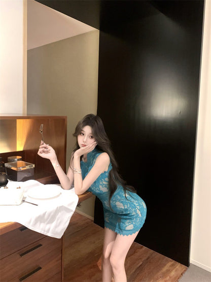 NA+ 竹影漣漪孔雀藍蕾絲包臀連身裙