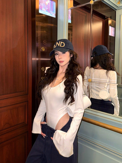 NA+ 性感歐美彈力拉鍊式連體衣 白/黑