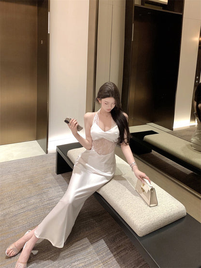 NA+ 蕾絲純欲女神 性感縷空醋酸裙 白