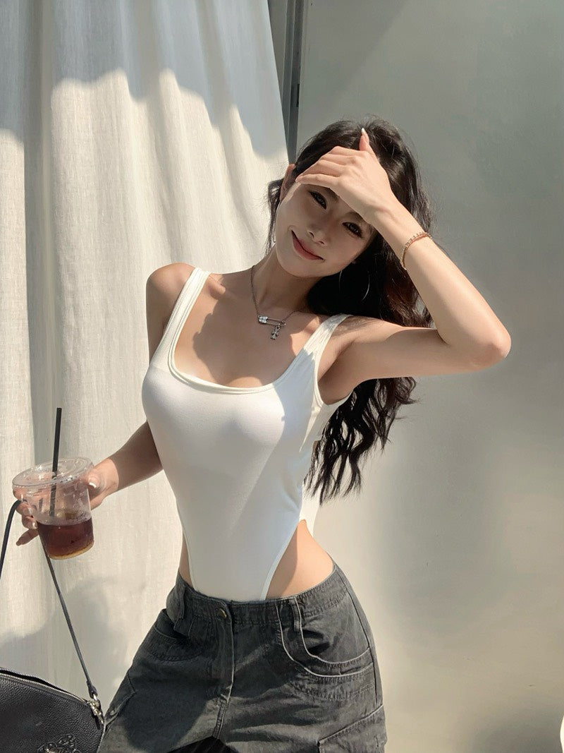 NA+ 歐美控的愛 設計款帶胸墊U領連體衣 白/灰