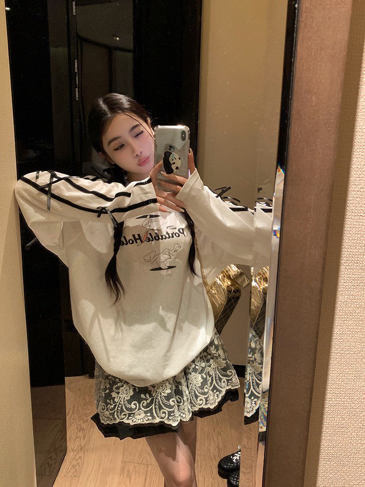 NA+ 韓妞甜心 蝴蝶結字母長袖上衣