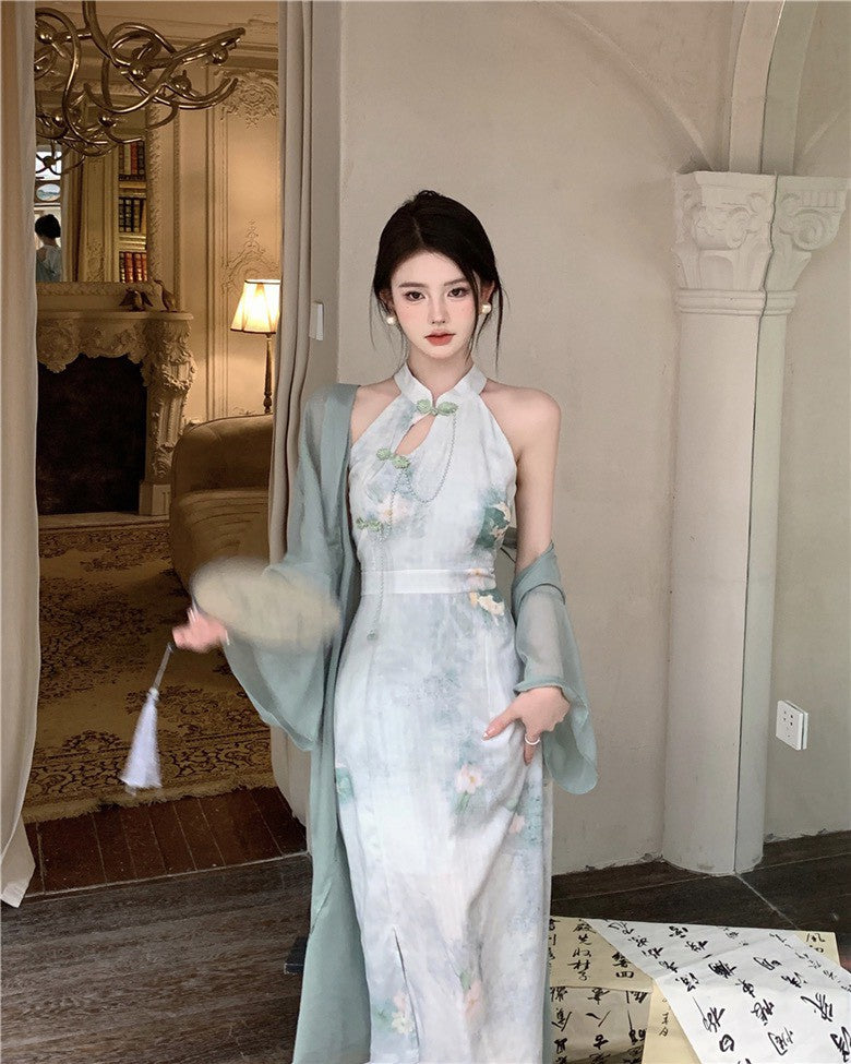 NA+ 禪意中式國風旗袍連身裙 雪紡罩衫 綠