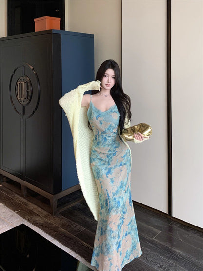 NA+ 斜裁花青綠暈染蕾絲連身裙 針織開衫