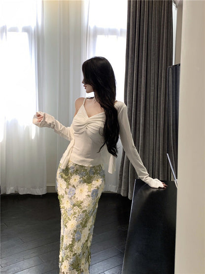 Na+ 富家千金 春色滿分重工手工刺繡花半身裙 顯瘦開衫 背心