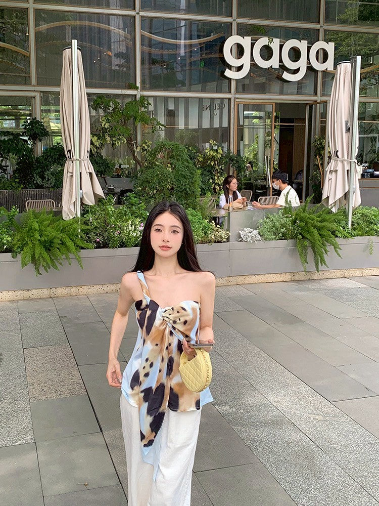 NA+ 沫花暈染不規則扭結飄帶上衣