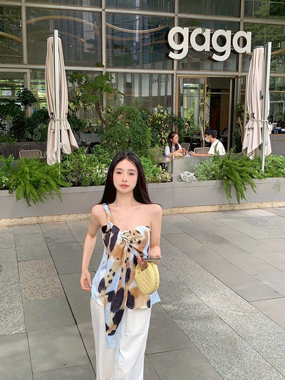 NA+ 沫花暈染不規則扭結飄帶上衣