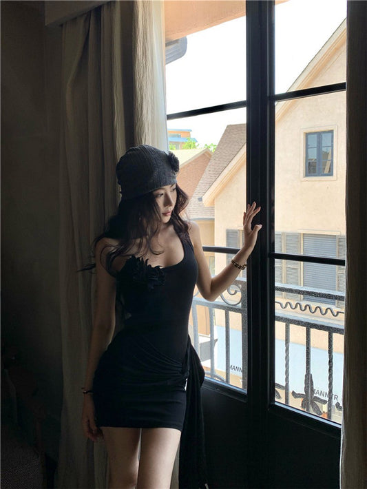 NA+ 立體花仙子不規則拼接連身裙 黑