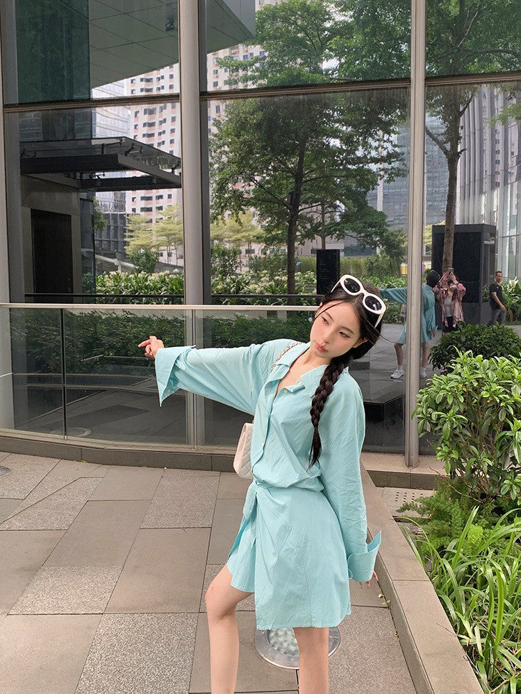 ''Na+''韓系糖果衫 法式綁帶收腰襯衫裙 薄荷藍