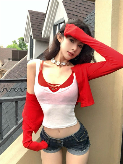 NA+ 防曬多巴胺 多色選開衫背心3件套 紅/藍/黃