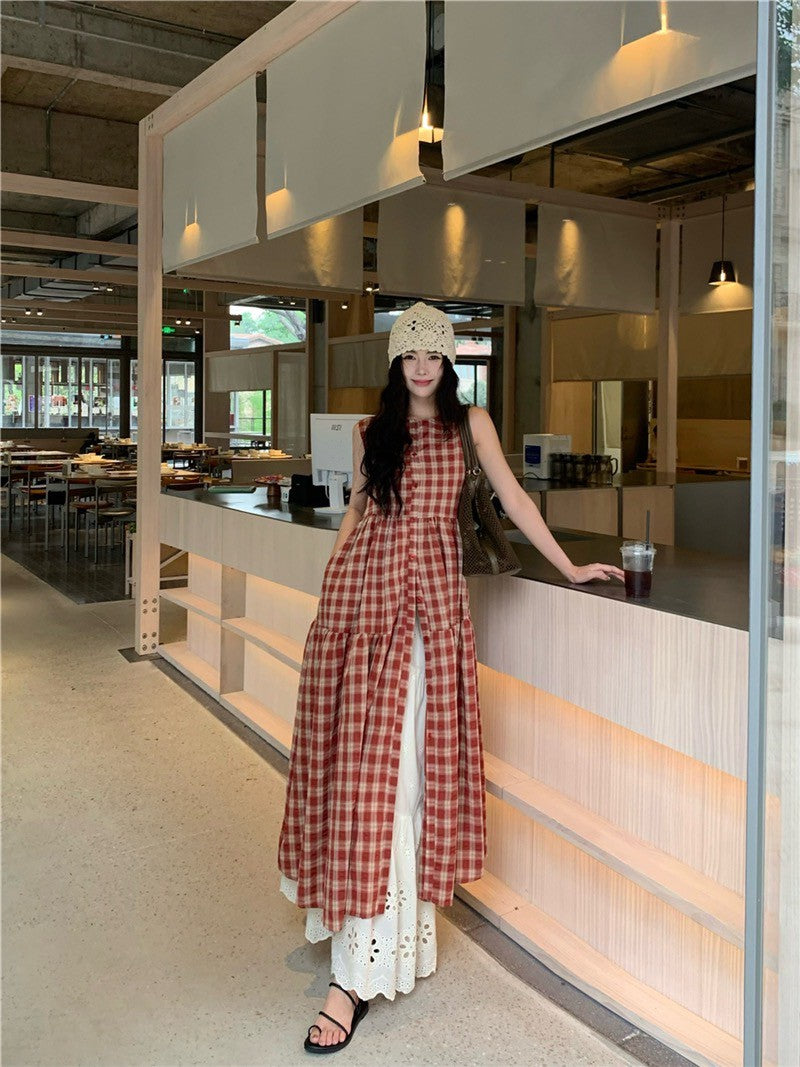 Na+ 高顏值日系 紅色格紋兩穿連身裙