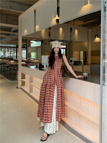 Na+ 高顏值日系 紅色格紋兩穿連身裙